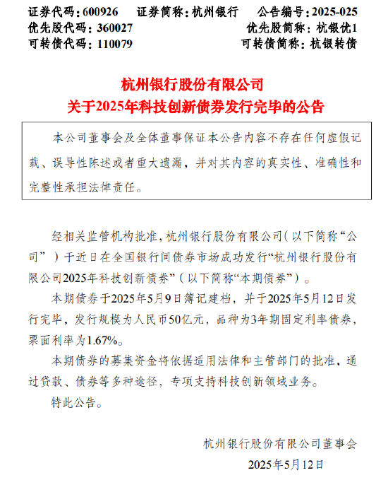 杭州银行：成功发行50亿元