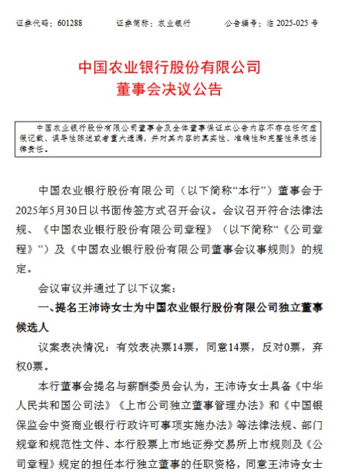 农业银行：提名王沛诗为