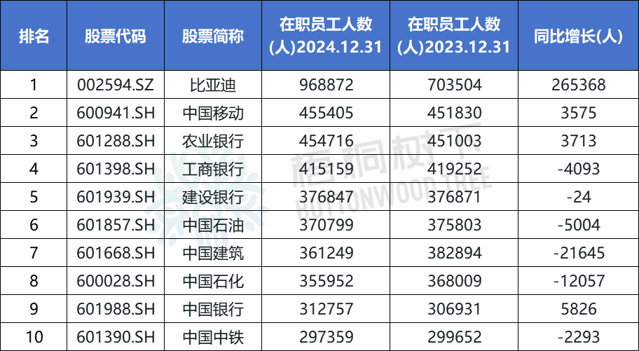 A股公司员工人数排名，比