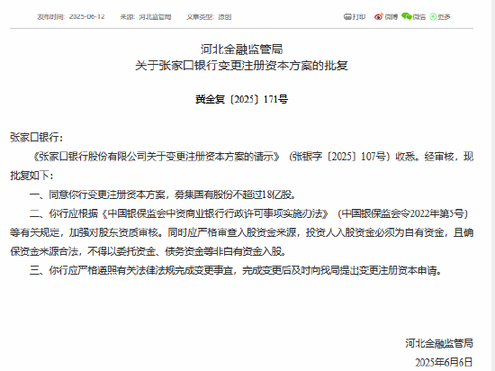 张家口银行获批募集国有