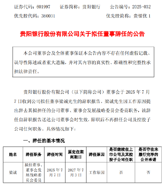 贵阳银行：拟任董事梁诚