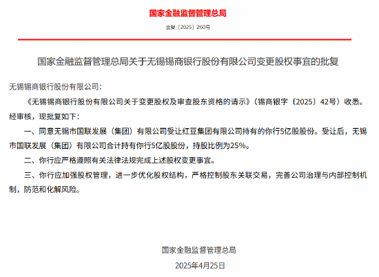 无锡锡商银行股权变更获